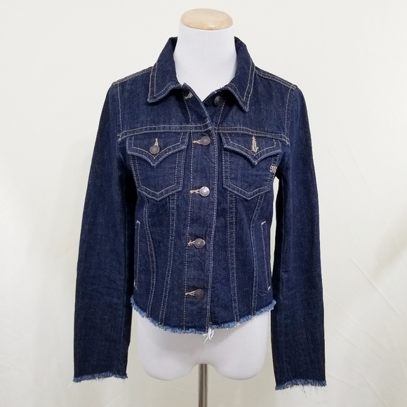 Miss Me denim jacket raw hem frayed indigo blue Small - Picture 4 of 9
